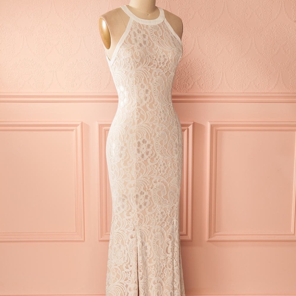 High Neck, Nude w/ White Lace Mermaid Dress